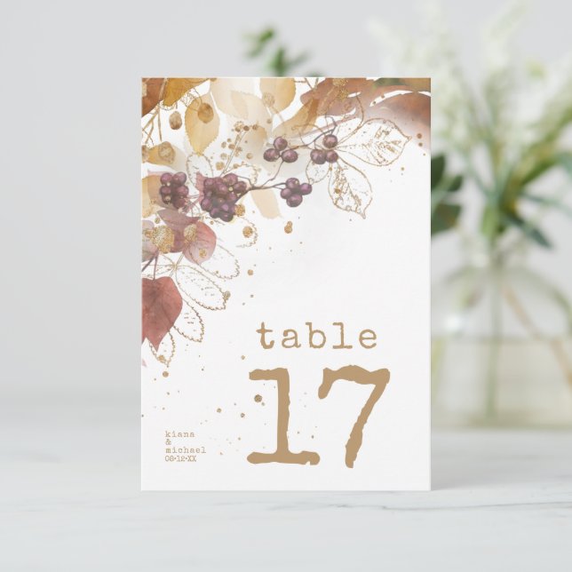Invitación Boda de Otoño Dorado Berries Número de tabla ID655 (Anverso de pie)