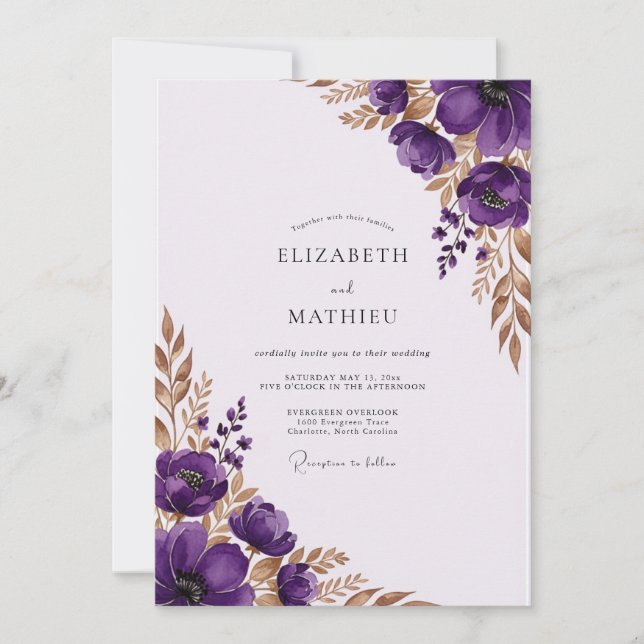 Invitación Boda de Otoño Elegante Morado (Anverso)