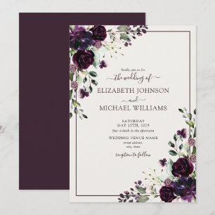 Invitación Boda de Otoño en Acuarela Floral Crema y Púrpura C