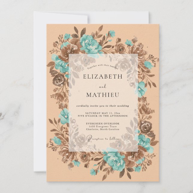 Invitación Boda de Otoño en Azul Verdoso y Pardo (Anverso)