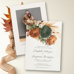 Invitación Boda de otoño en naranja quemada, óxido y verde bo