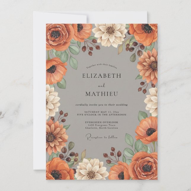 Invitación Boda de Otoño Flor de Terracota (Anverso)