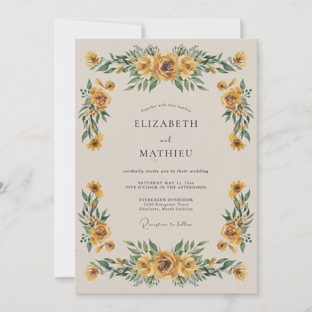 Invitación Boda de Otoño Floral Amarillo Dorado (Anverso)