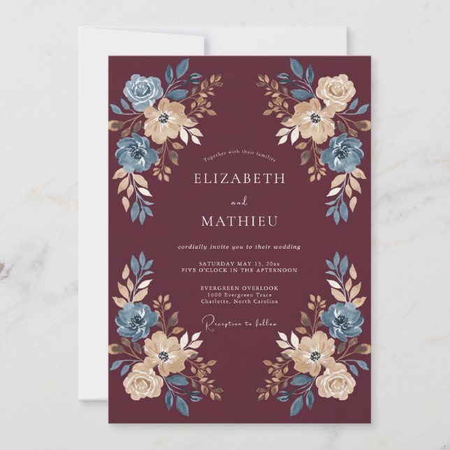 Invitación Boda de Otoño Floral Azul Borgoña (Anverso)