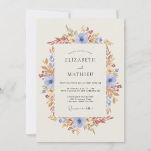 Invitación Boda de Otoño Floral Azul Cielo
