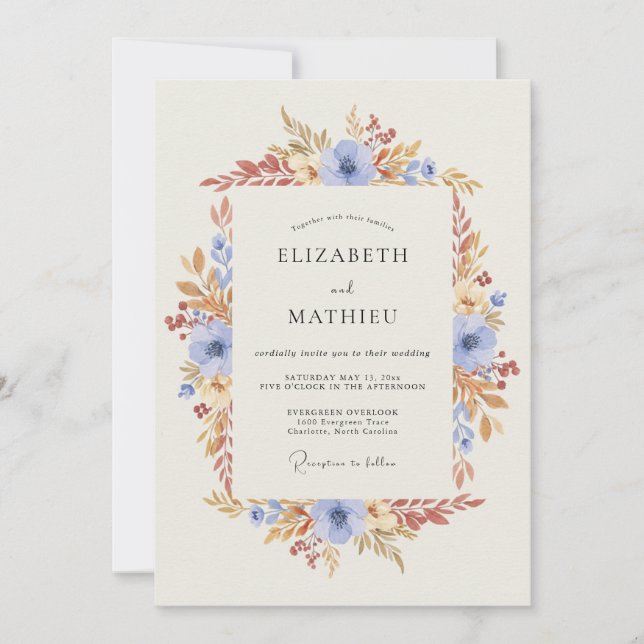 Invitación Boda de Otoño Floral Azul Cielo (Anverso)