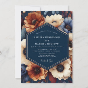 Invitación Boda de Otoño Floral Azul Marino