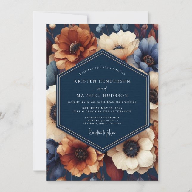 Invitación Boda de Otoño Floral Azul Marino (Anverso)