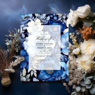 Invitación Boda de otoño floral azul marino, plata y blanco