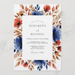 Invitación Boda de otoño floral azul marino y óxido