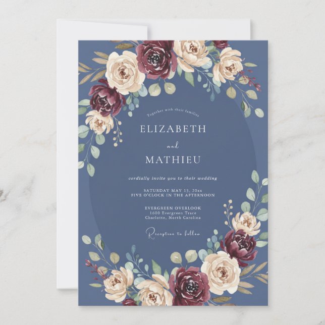 Invitación Boda de Otoño Floral Azul Profundo (Anverso)