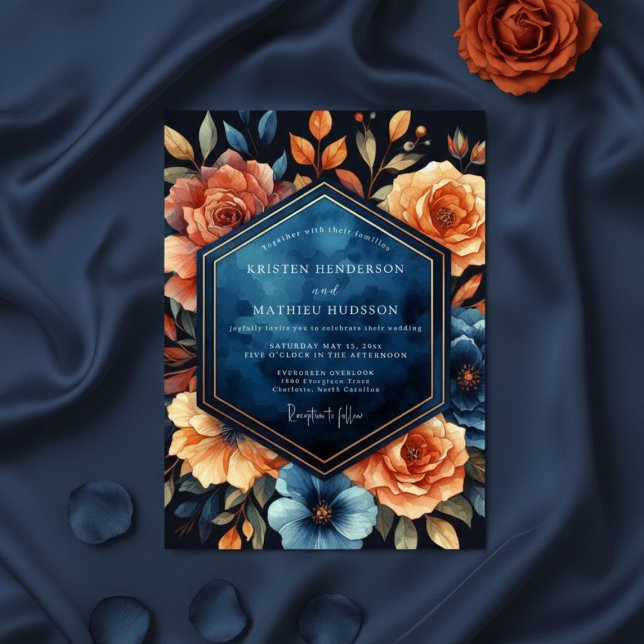 Invitación Boda de Otoño Floral Azul Profundo (Subido por el creador)