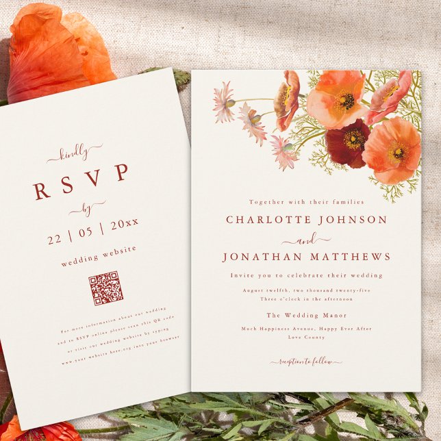 Invitación Boda de Otoño Floral Boho (Elegant floral bouquet fall wedding invitation with burnt orange script and qr code)