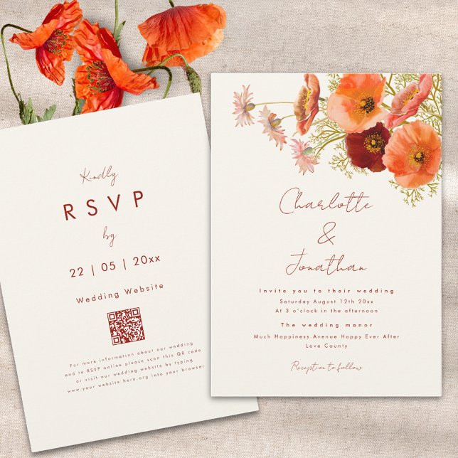 Invitación Boda de Otoño Floral Boho Chic (Boho floral fall wedding invitation with qr code orange peach and burnt orange script)