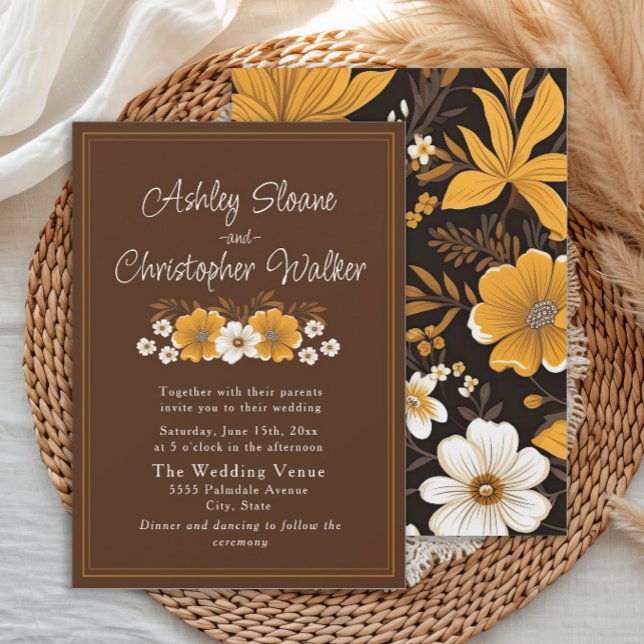 Invitación Boda de Otoño Floral Boho Marrón Dorado (Brown and yellow floral wedding invitation)