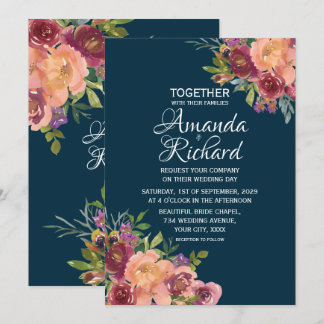 Invitación Boda de otoño floral bonita azul marino