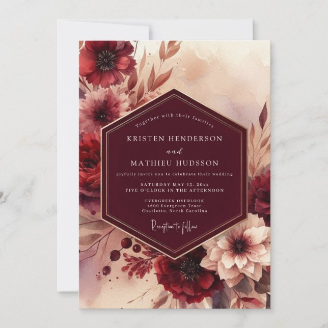Invitación Boda de otoño floral borgoña (Anverso)