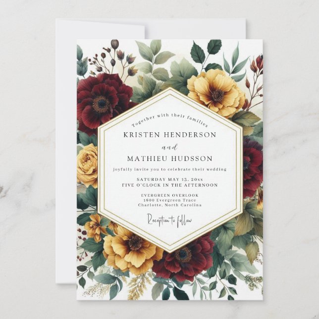 Invitación Boda de otoño floral borgoña (Anverso)