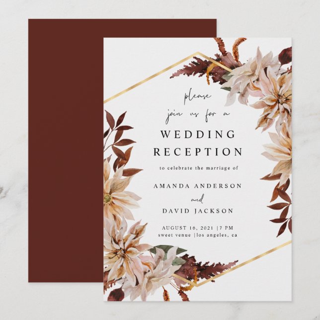 Invitación Boda de otoño floral Borgoña Recepción de oro (Anverso / Reverso)