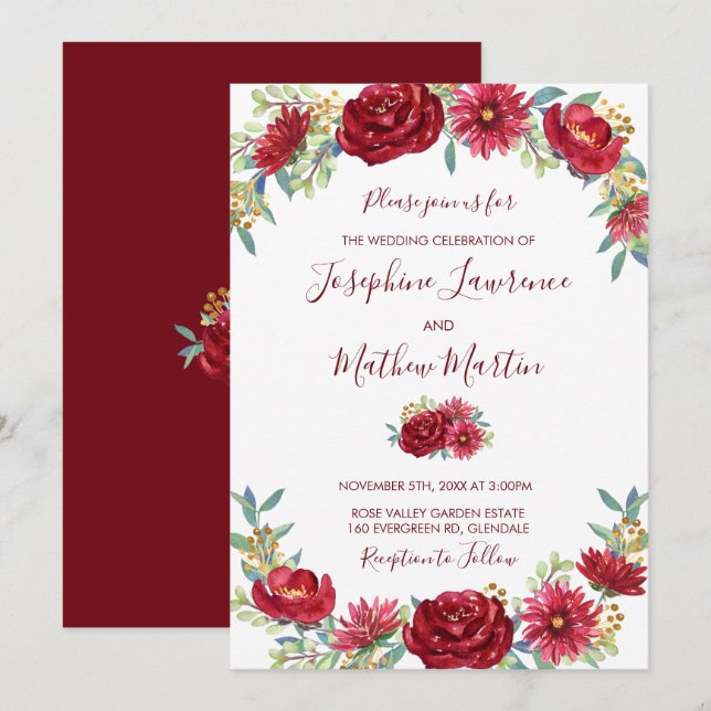 Invitación Boda de otoño floral borgoñona eucalyptus acuarela (Anverso / Reverso)
