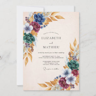 Invitación Boda de Otoño Floral Burgundy Turquesa