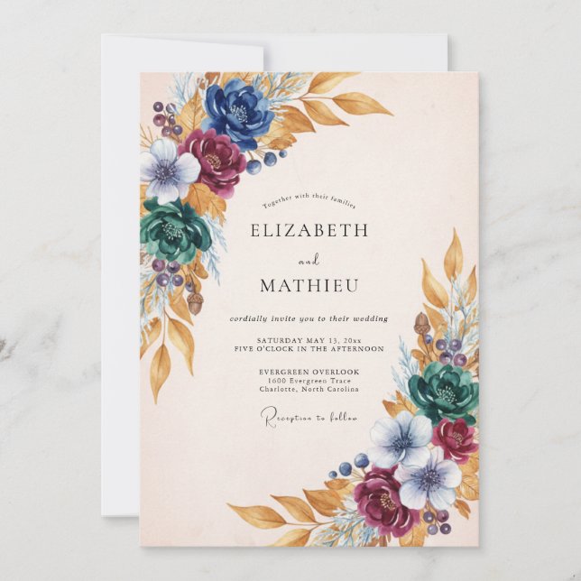 Invitación Boda de Otoño Floral Burgundy Turquesa (Anverso)