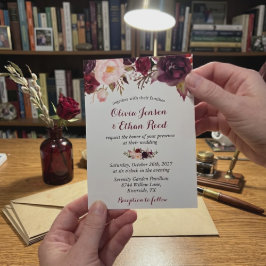 Invitación Boda de Otoño Floral Chic Rojo Borgoña Marsala