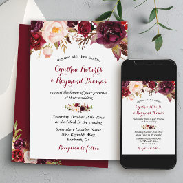 Invitación Boda de Otoño Floral Chic Rojo Borgoña Marsala