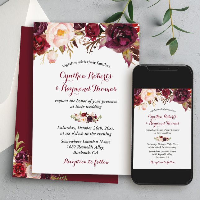 Invitación Boda de Otoño Floral Chic Rojo Borgoña Marsala (From rustic to formal indoor affairs, this invitation complements a variety of wedding settings.)