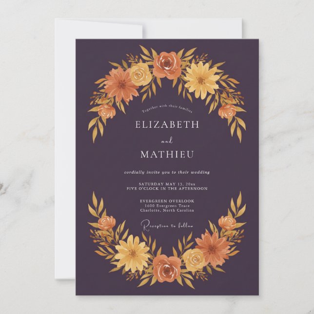 Invitación Boda de Otoño Floral Ciruela Profunda (Anverso)