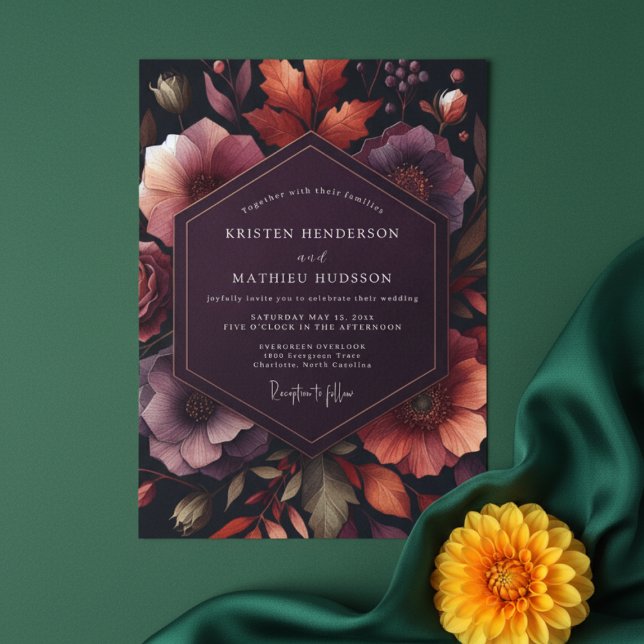 Invitación Boda de Otoño Floral Ciruela Profunda (Subido por el creador)