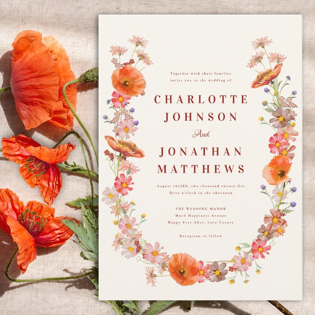 Invitación Boda de Otoño Floral de Flores Silvestres Boho (Modern wildflower watercolor wedding invitation)