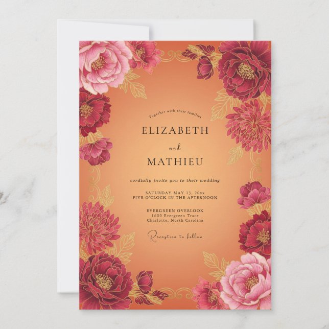 Invitación Boda de Otoño Floral Dorado Borgoña (Anverso)