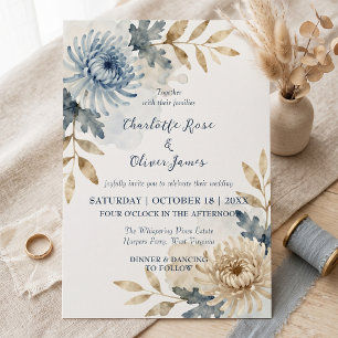 Invitación Boda de otoño floral en azul polvoriento y sepia c