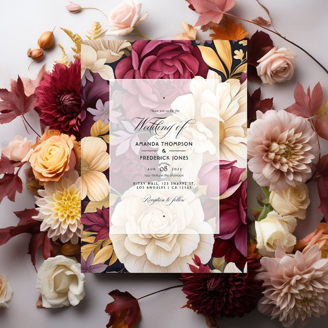 Invitación Boda de otoño floral en burgundy, dorado y marfil (Subido por el creador)