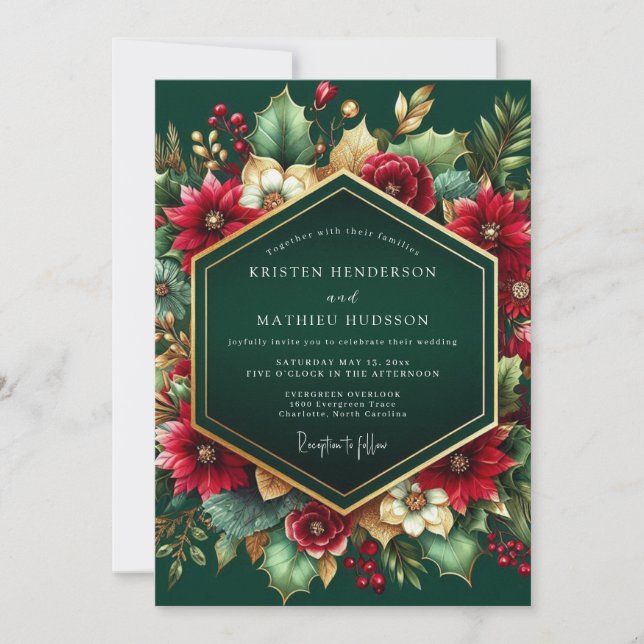 Invitación Boda de Otoño Floral Esmeralda Profunda (Anverso)