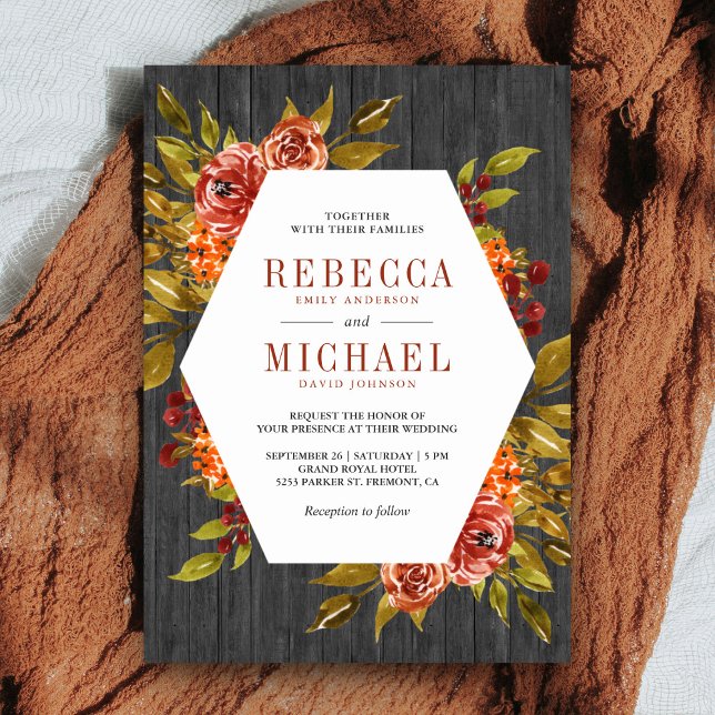 Invitación Boda de otoño floral naranja quemada madera gris (Subido por el creador)