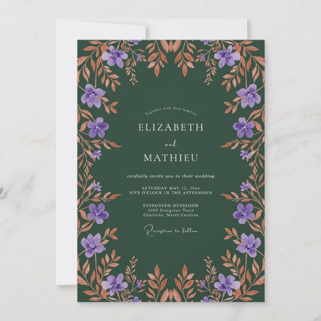 Invitación Boda de Otoño Floral Púrpura Profundo (Anverso)