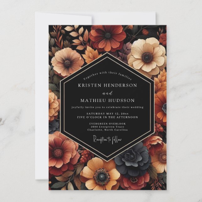 Invitación Boda de Otoño Floral Rojo Intenso (Anverso)
