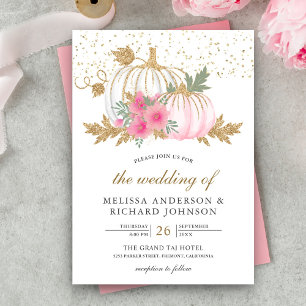 Invitación Boda de Otoño Floral Rosa con Calabaza Dorada y Bl
