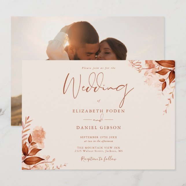 Invitación Boda de Otoño Floral Rústica Fotografía (Anverso / Reverso)