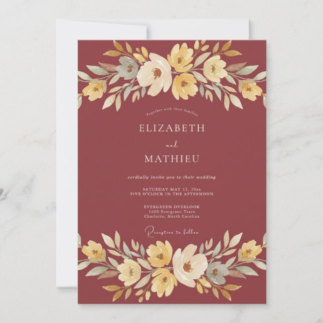 Invitación Boda de otoño floral suave de Borgoña (Anverso)