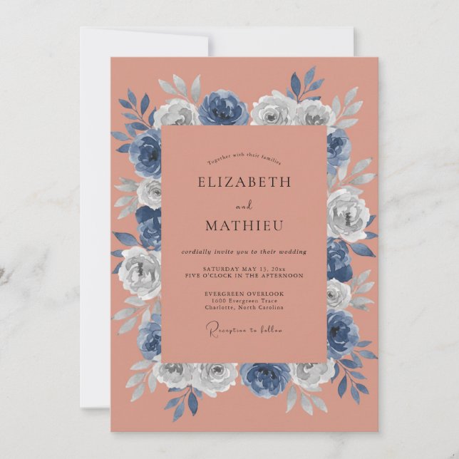 Invitación Boda de Otoño Floral Terracota Navy (Anverso)