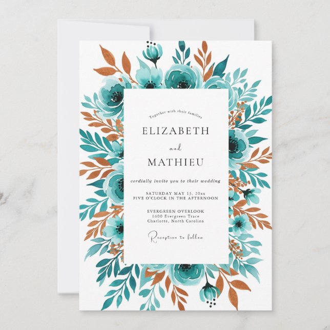 Invitación Boda de Otoño Floral Turquesa (Anverso)