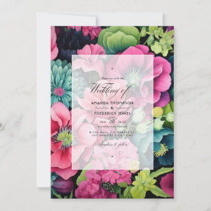 Invitación Boda de otoño floral verde, rosa y negra