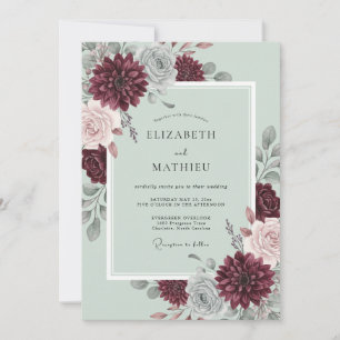 Invitación Boda de otoño floreciente en verde salvia y borgoñ