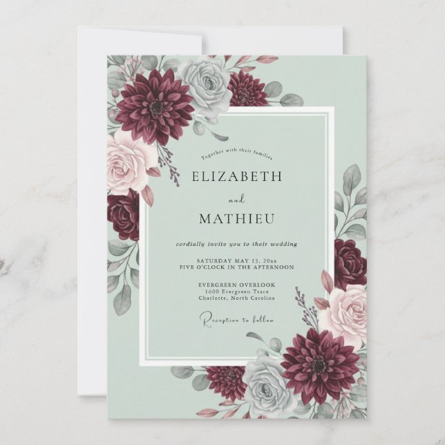 Invitación Boda de otoño floreciente en verde salvia y borgoñ (Anverso)