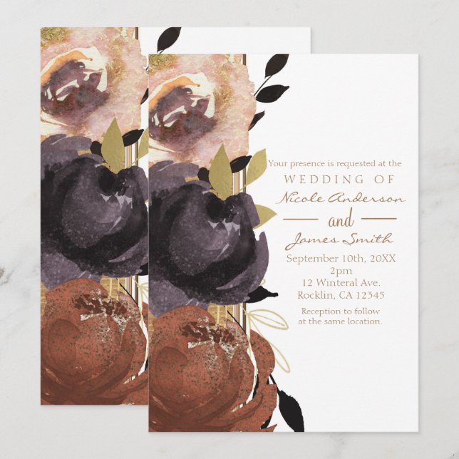 Invitación Boda de Otoño Flores Glam Atrevidas Floral Moderno (Anverso / Reverso)
