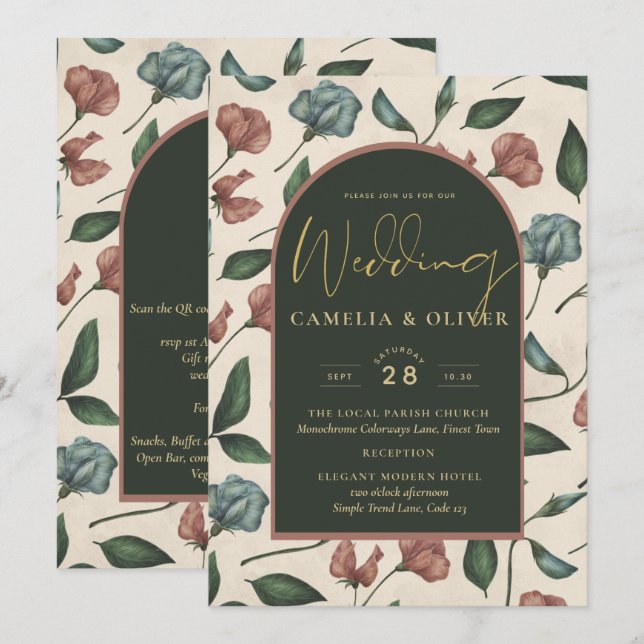 Invitación Boda de otoño LeahG Esmeralda Verde Terracota Dora (Anverso / Reverso)