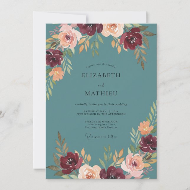 Invitación Boda de Otoño Lujuriosa en Azul Turquesa Profundo (Anverso)